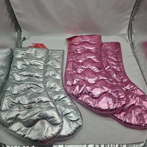 Lot Of 4 Puffer Christmas Stockings 2 Pink 2 Sliver